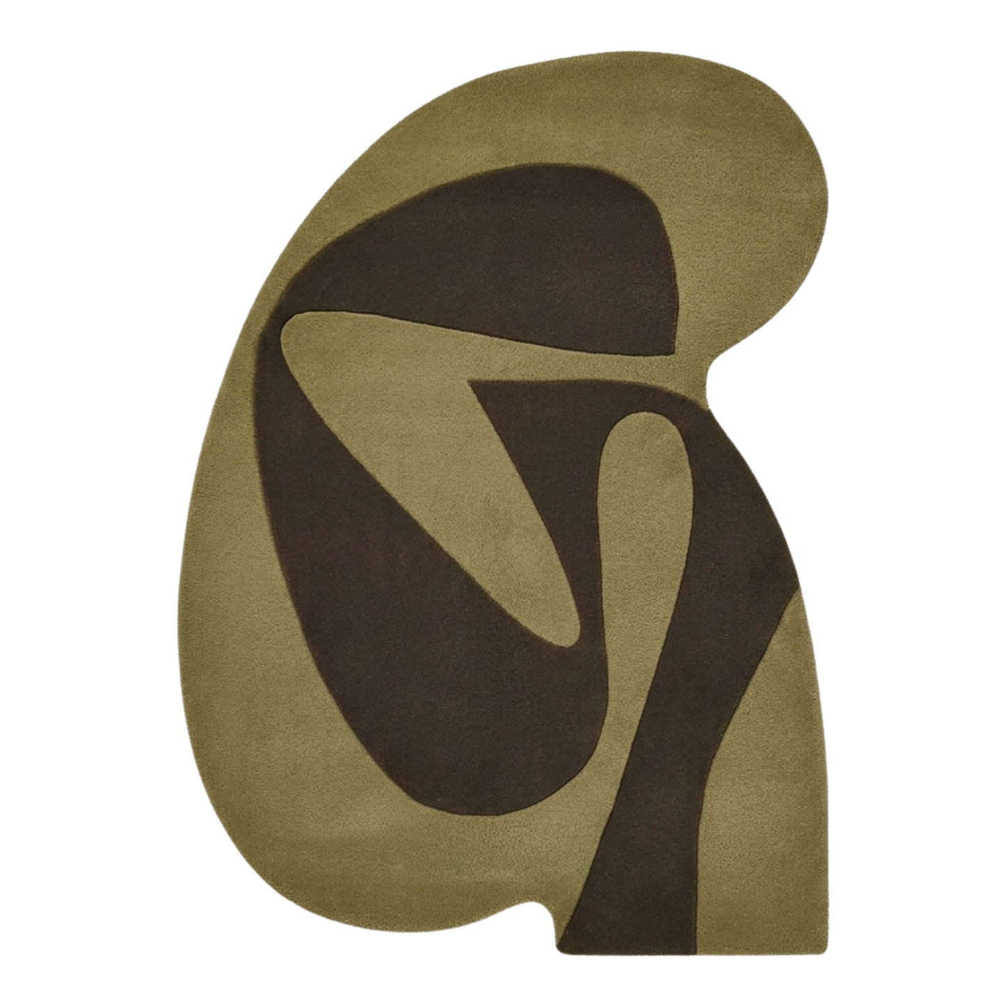Abstract rug with brown and muted olive shapes on a white background