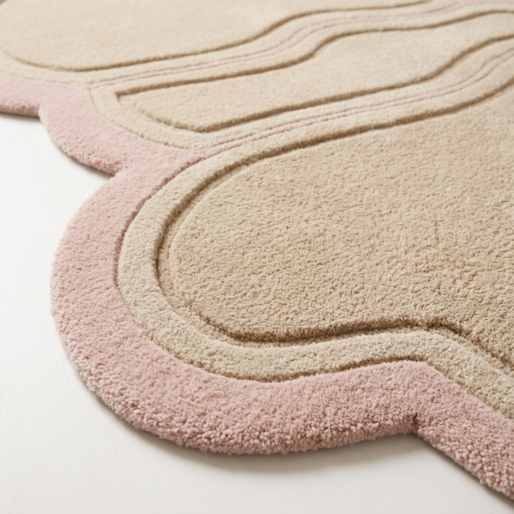 Pink and beige rug with wavy pattern on a white background