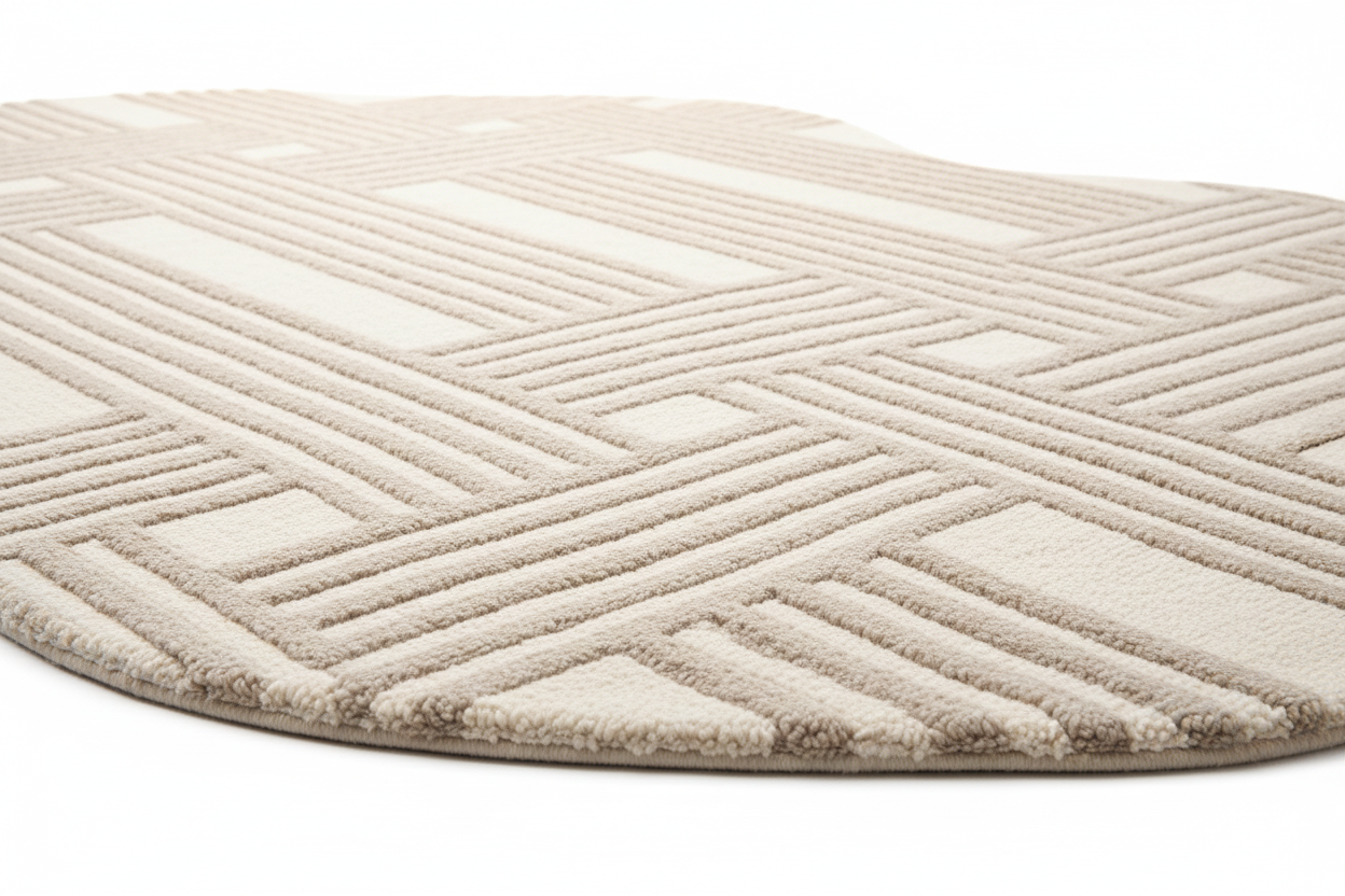 Round beige rug with geometric pattern on a white background