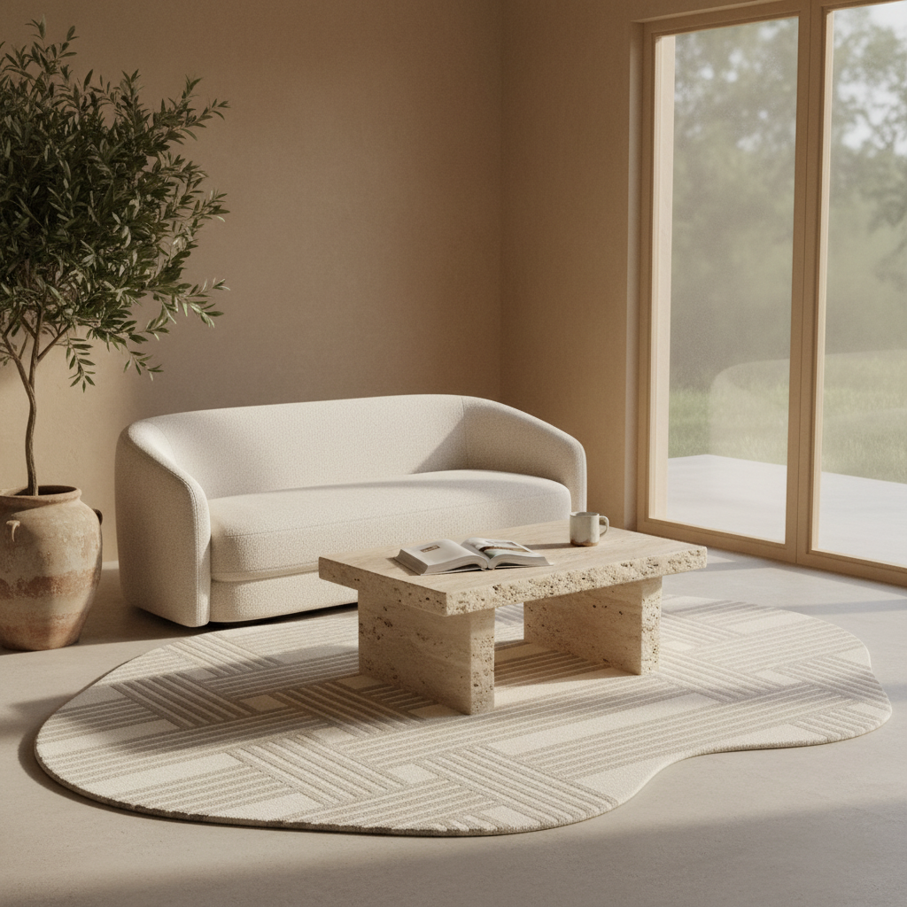 Modern living room with a white sofa, wooden coffee table, organic modern geometric rug and large windows.