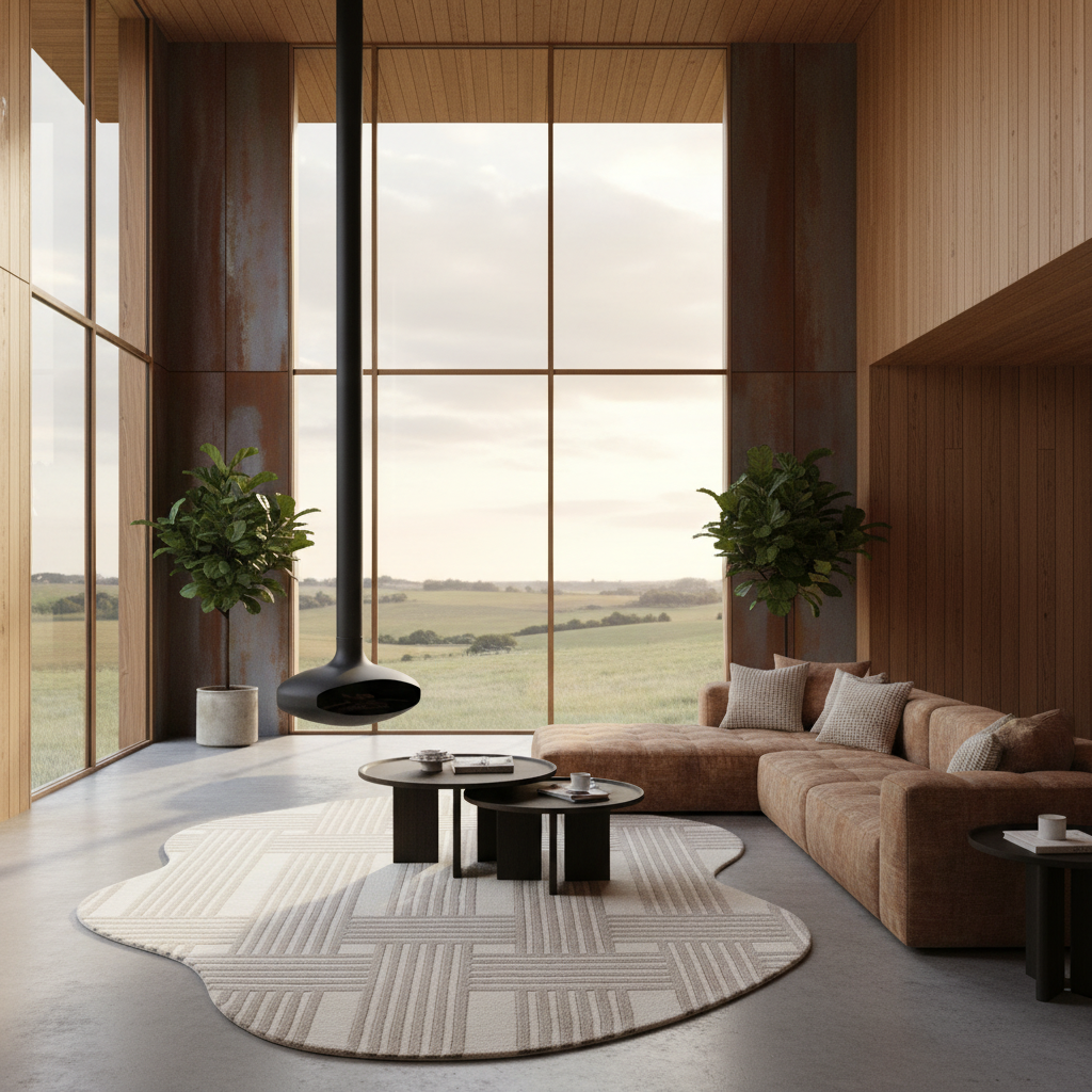 Modern living room with large windows, brown sectional sofa, and decorative organic geometric rug.