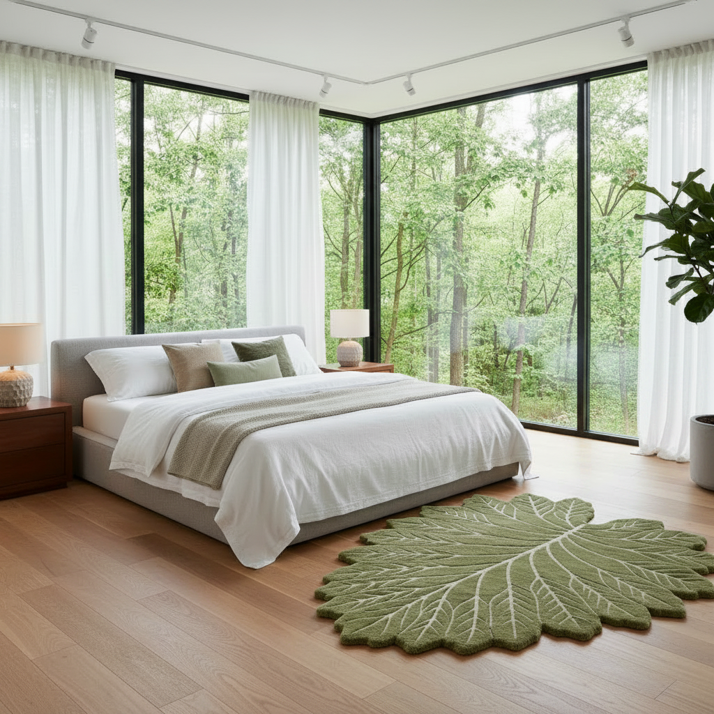 Modern bedroom with large windows, bed, and leaf-shaped rug.