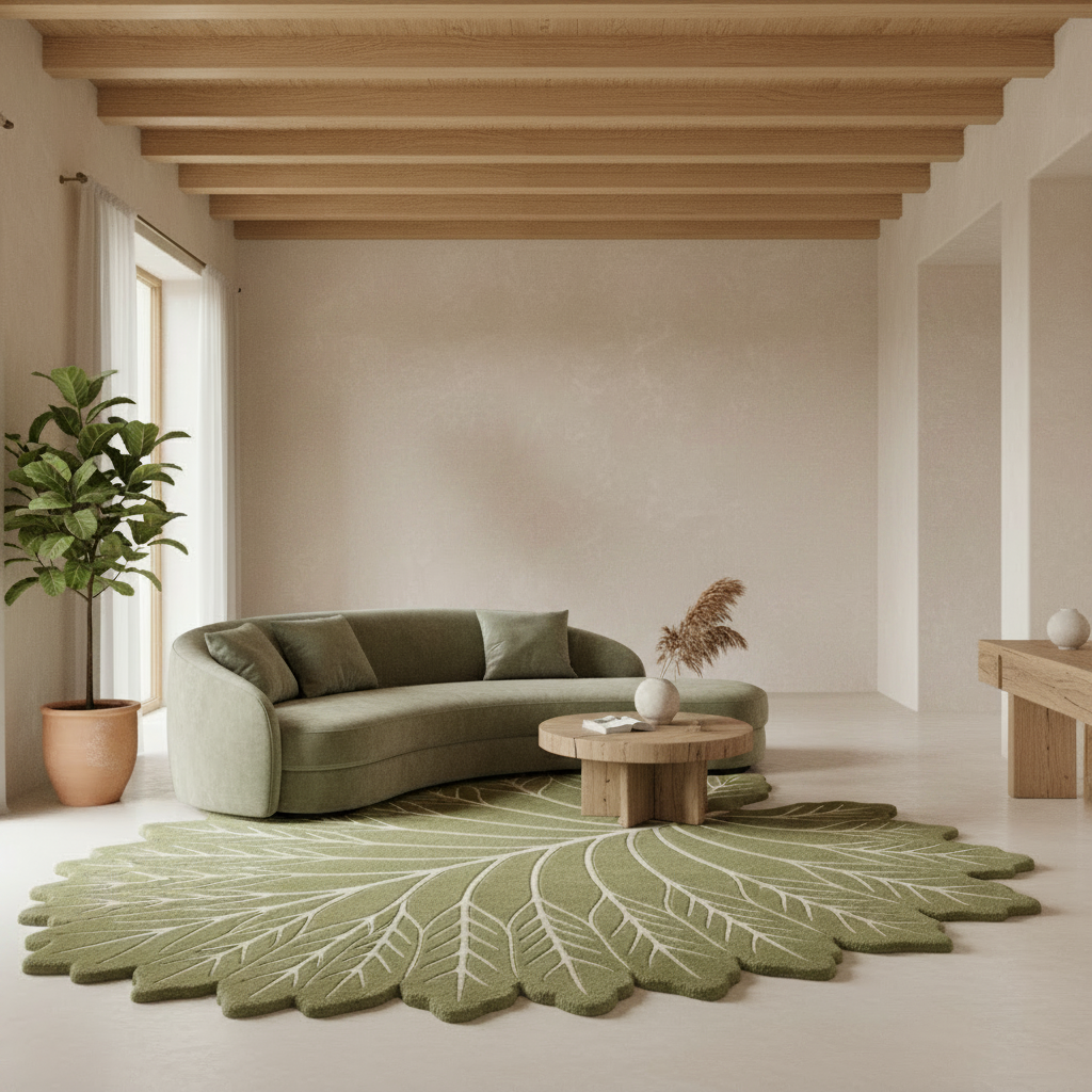 Modern living room with a green sofa, leaf-patterned rug, and wooden coffee table.