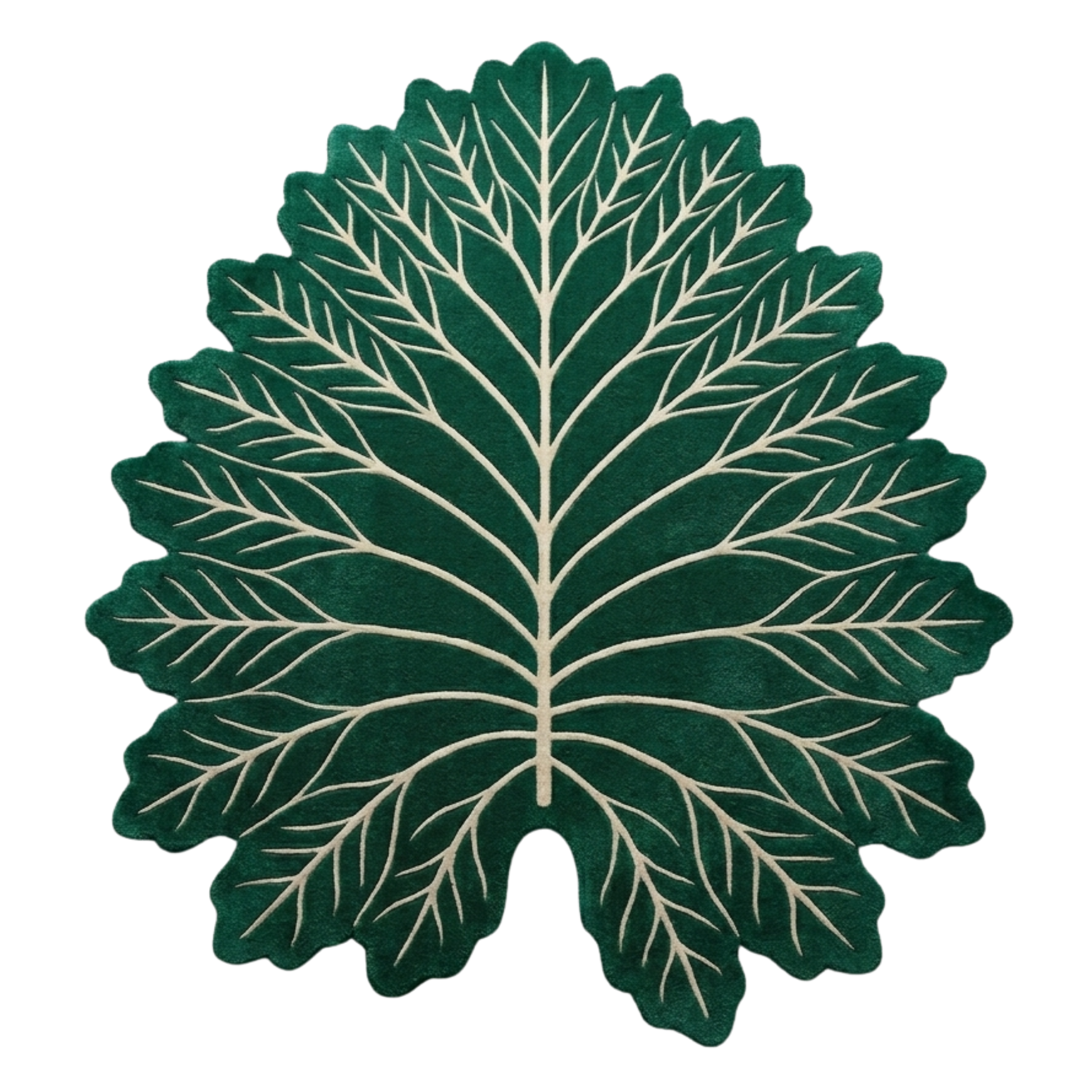 Green leaf-shaped rug with white veins on a white background