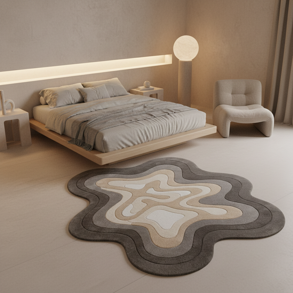 Modern bedroom with a organic layered-shaped rug, bed, and chair.