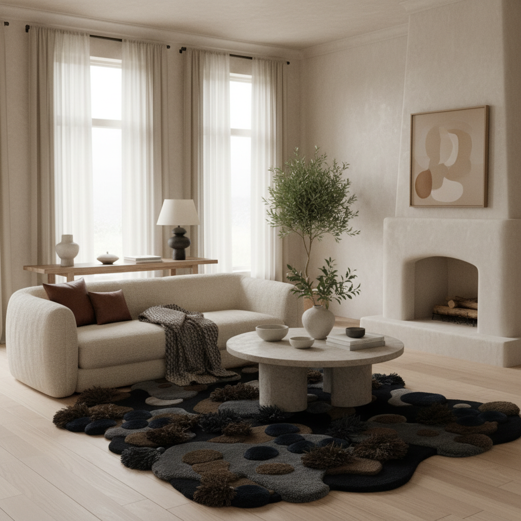 Modern living room with a white sofa, coffee table, and decorative organic modern rug.