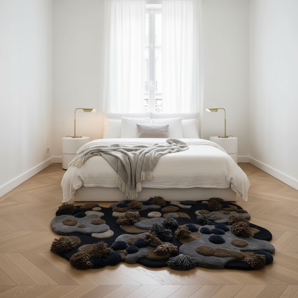 Modern bedroom with a bed, nightstands, and a unique high low tufted wool rug on a wooden floor.