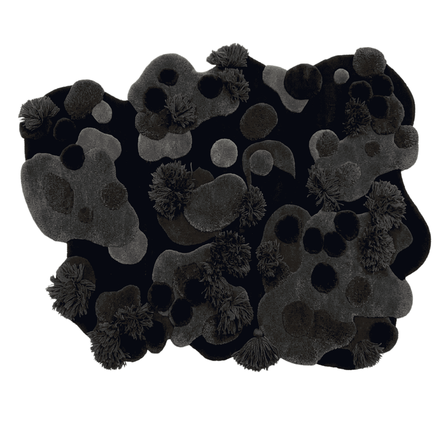 Black rug with paw print designs and pom-pom details on a transparent background