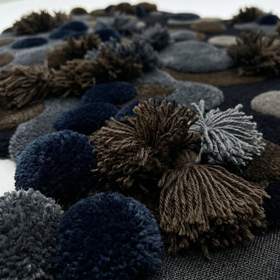 Textured rug with pom-pom-like patterns in shades of blue, gray, and brown.