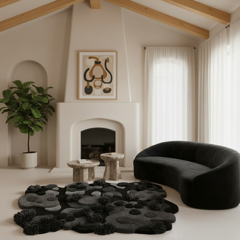 Modern living room with a black sofa, abstract art, and decorative rug.