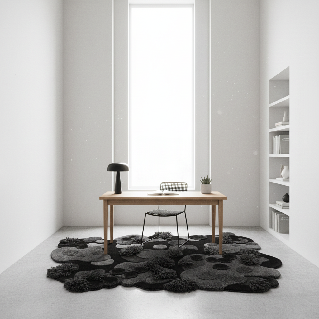 Modern room with a wooden desk, chair, and black textured organic rug.