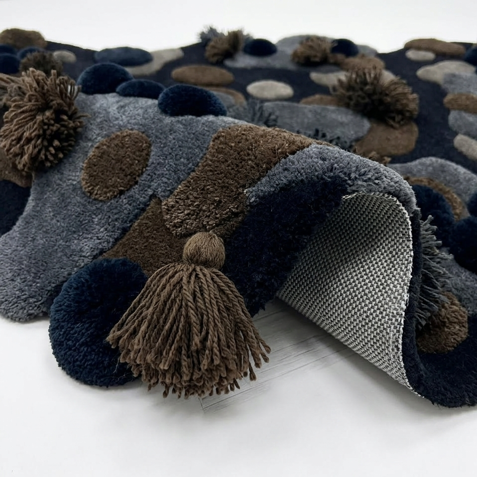 Textured rug with pom-pom details on a white background