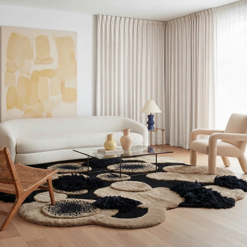 Modern living room with a white sofa, yellow armchair, organic modern rug, abstract art on the wall.