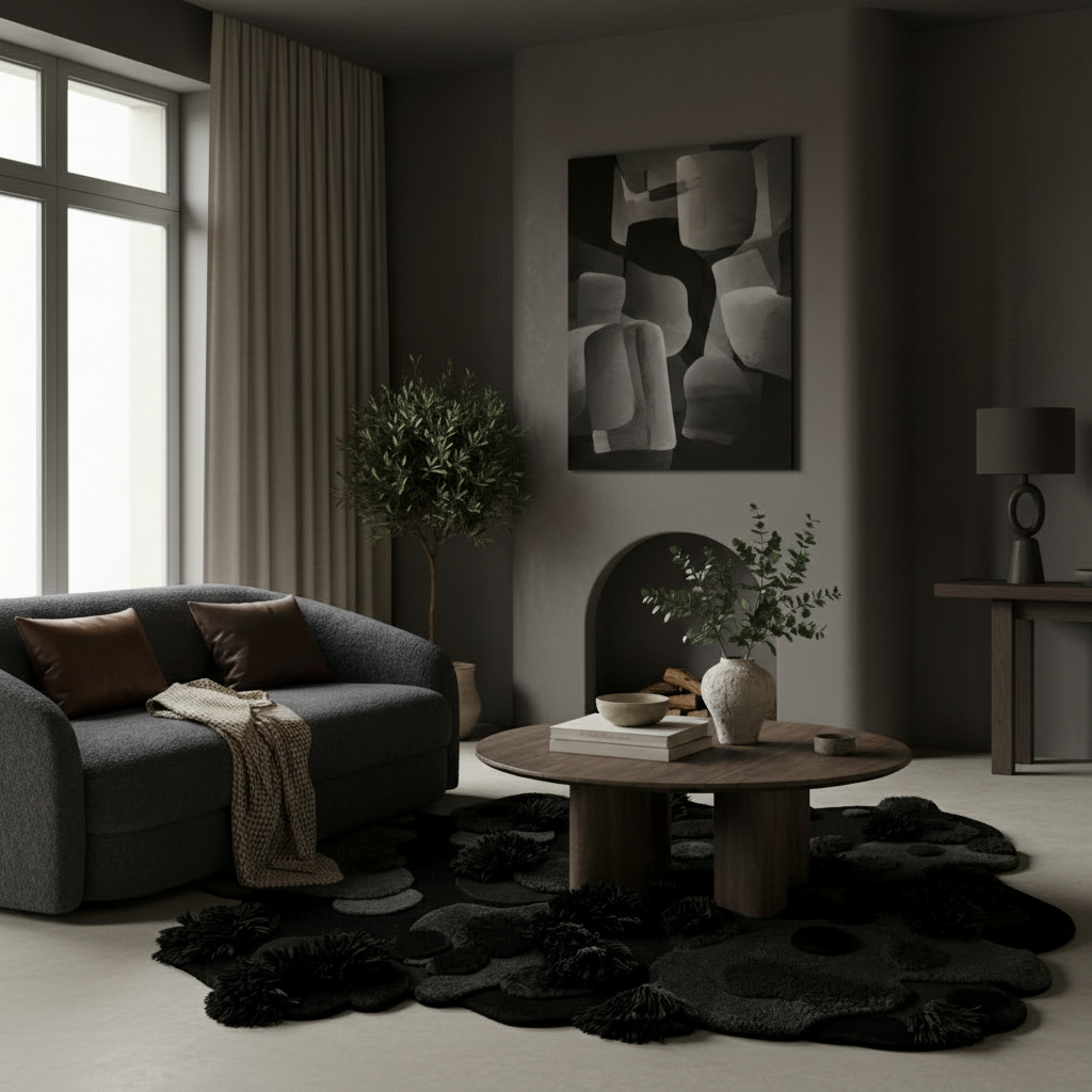 Modern living room with beige sofa, round coffee table, and abstract rug on the floor and art on the wall.
