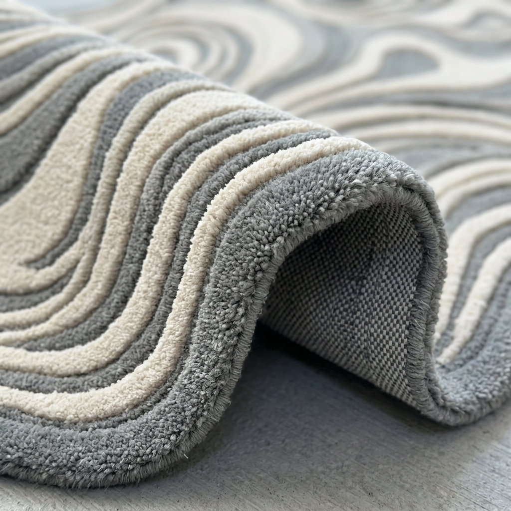 Textured gray and beige modern organic rug with wavy pattern on a light gray background
