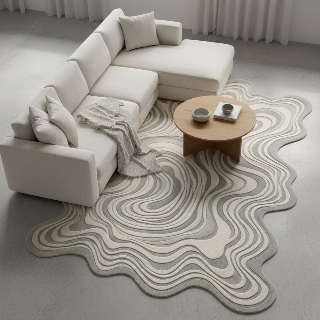 Modern living room with a white sectional sofa and a wavy organic modern patterned rug.