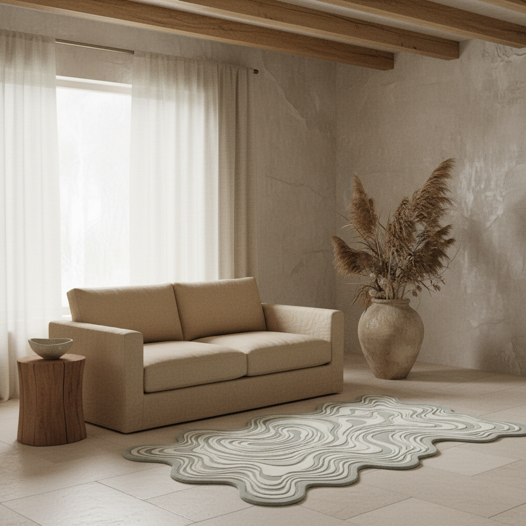 Beige sofa in a modern living room with a textured organic modern wool rug and decorative plant.