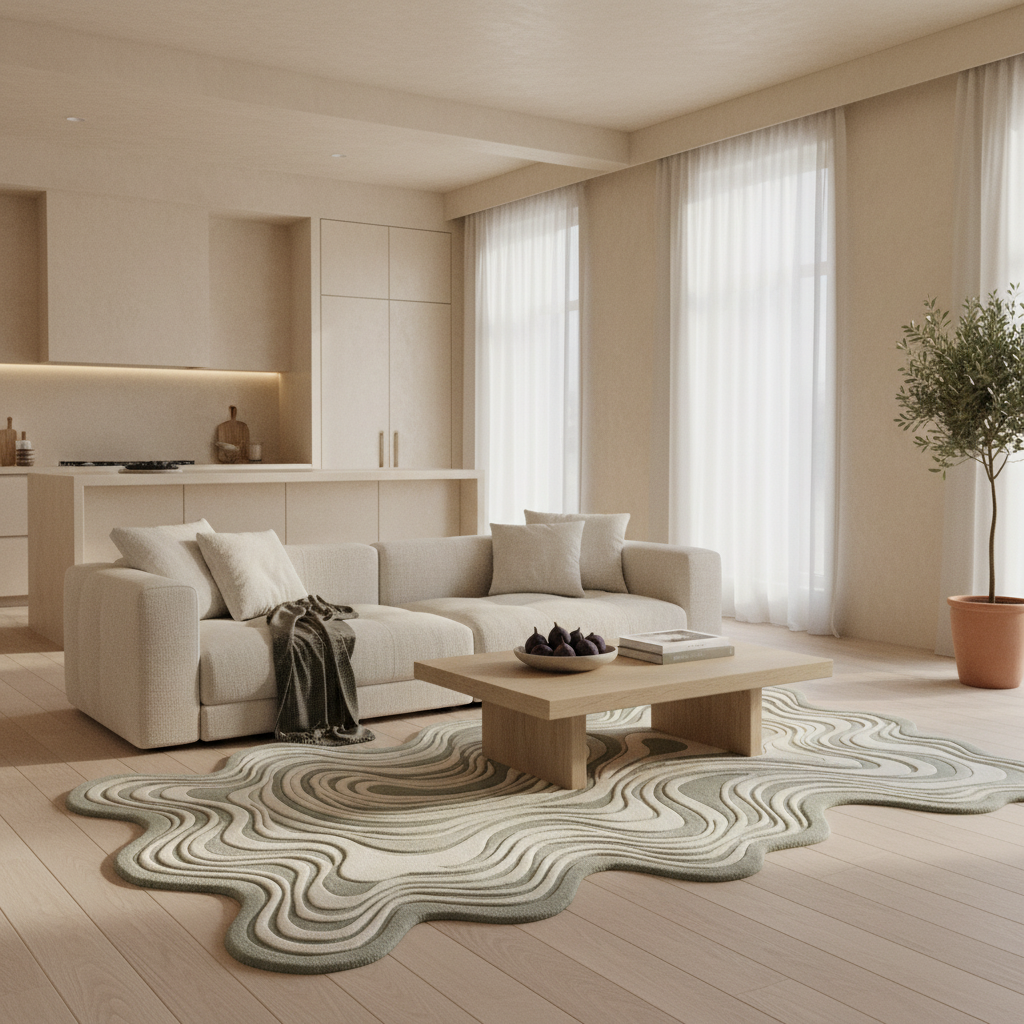 Modern living room with a beige sofa, coffee table, and decorative organic modern rug.