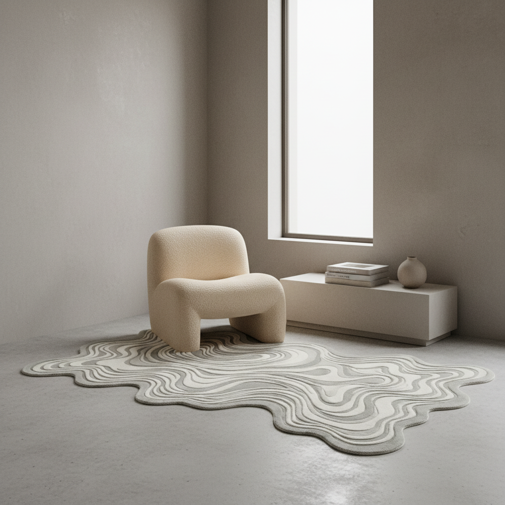 Modern beige chair on a unique patterned rug in a minimalistic room with a window.