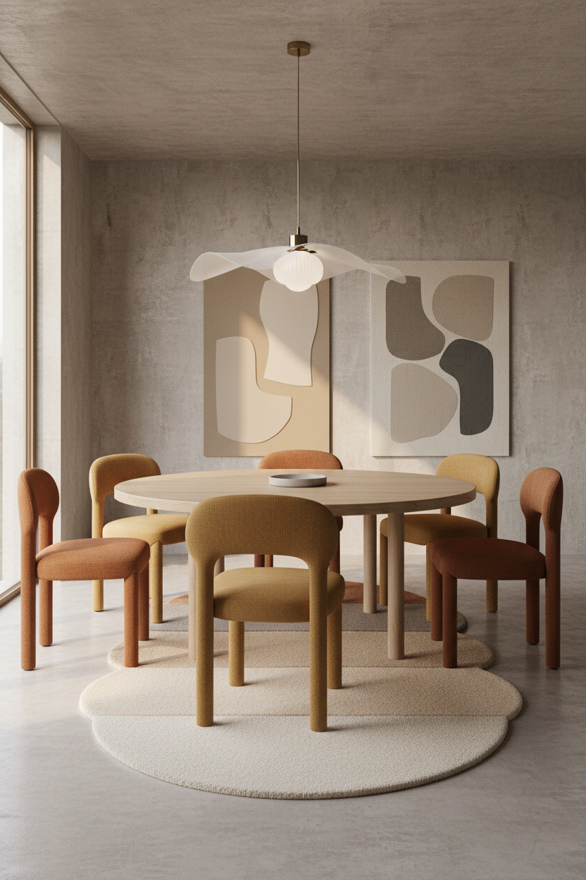 Dining area with round table and chairs on a hand tufted wool rug in spectrum color  in a modern interior setting.