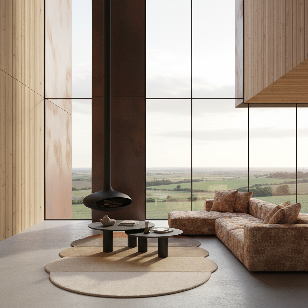 Modern living room with a large window view of a scenic landscape.