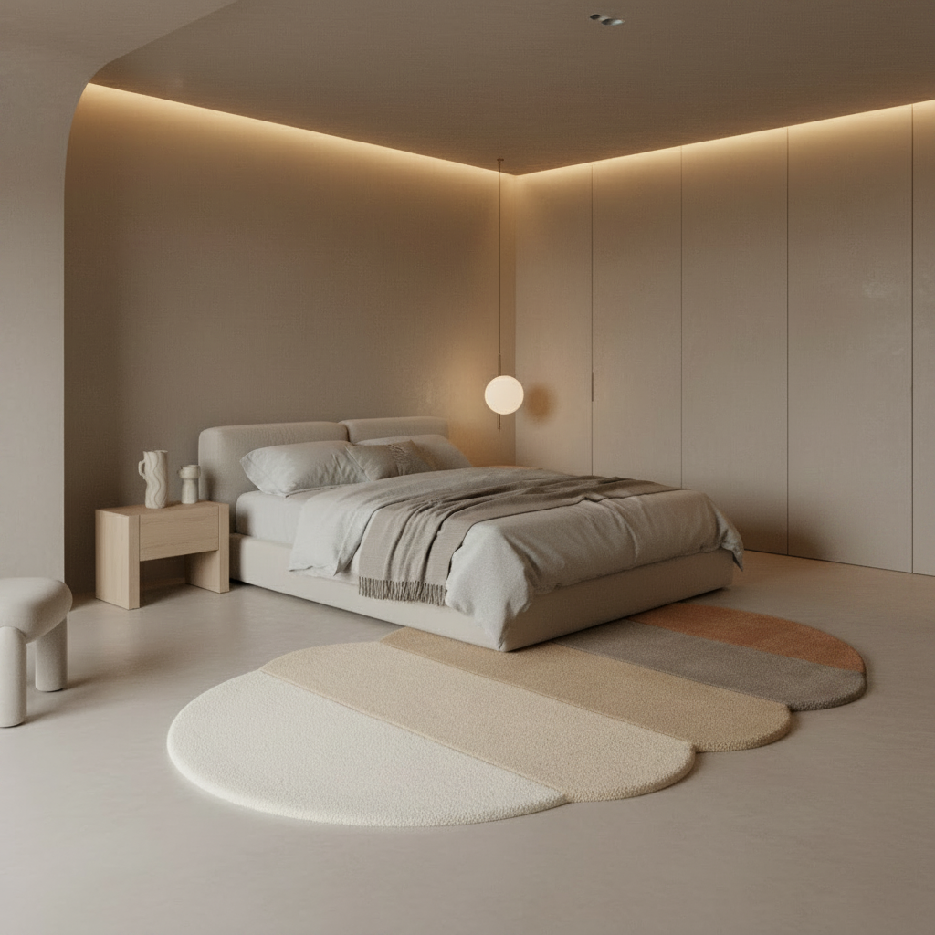 Modern bedroom with a bed, side table, and spectrum shade rug in a neutral color scheme.