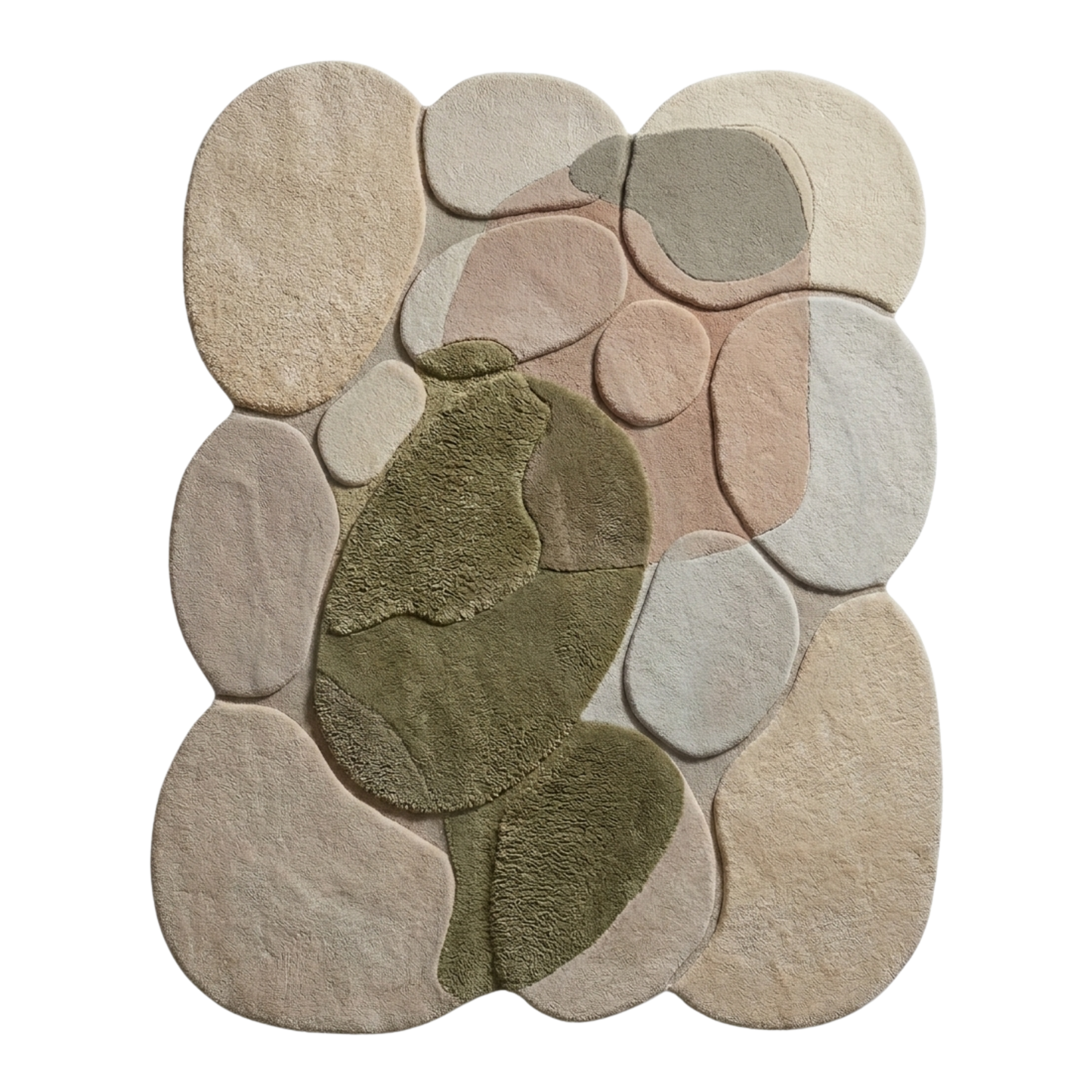 Round stone-patterned rug with a central green stone on a white background