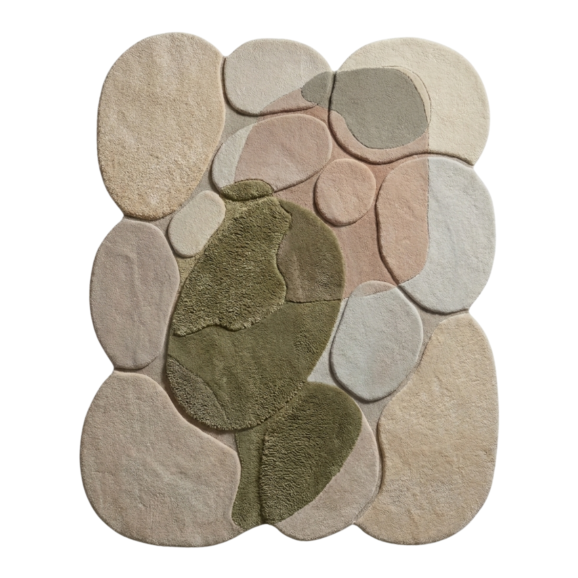 Round stone-patterned rug with a central green stone on a white background