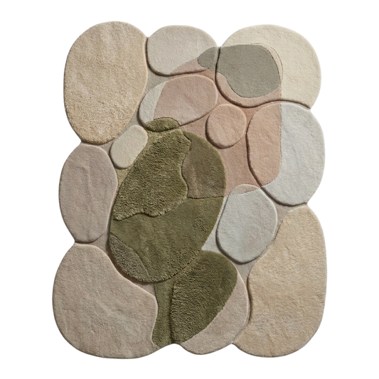 Round stone-patterned rug with a central green stone on a white background