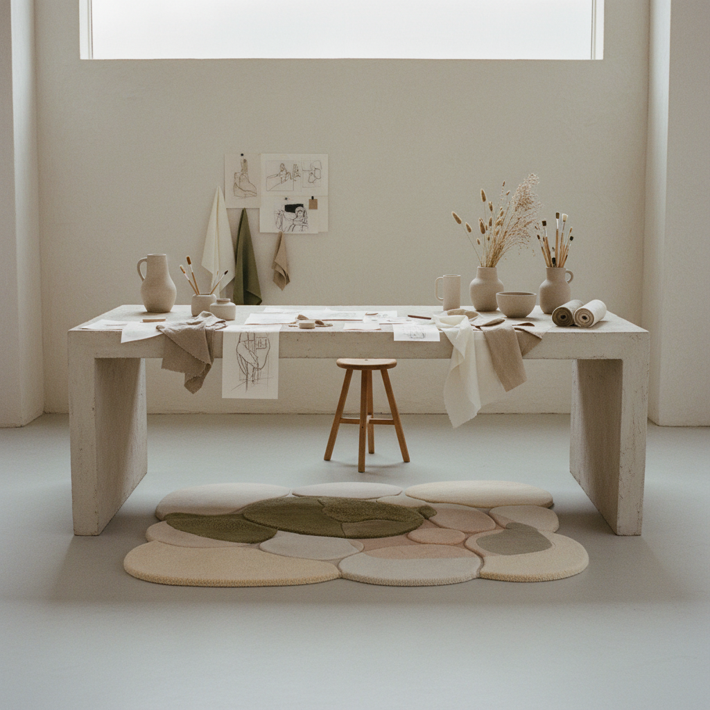 Minimalist interior with a stone table, stool, and decorative rug.