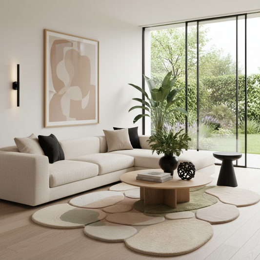 Modern living room with a sectional sofa, round coffee table, and large rug.
