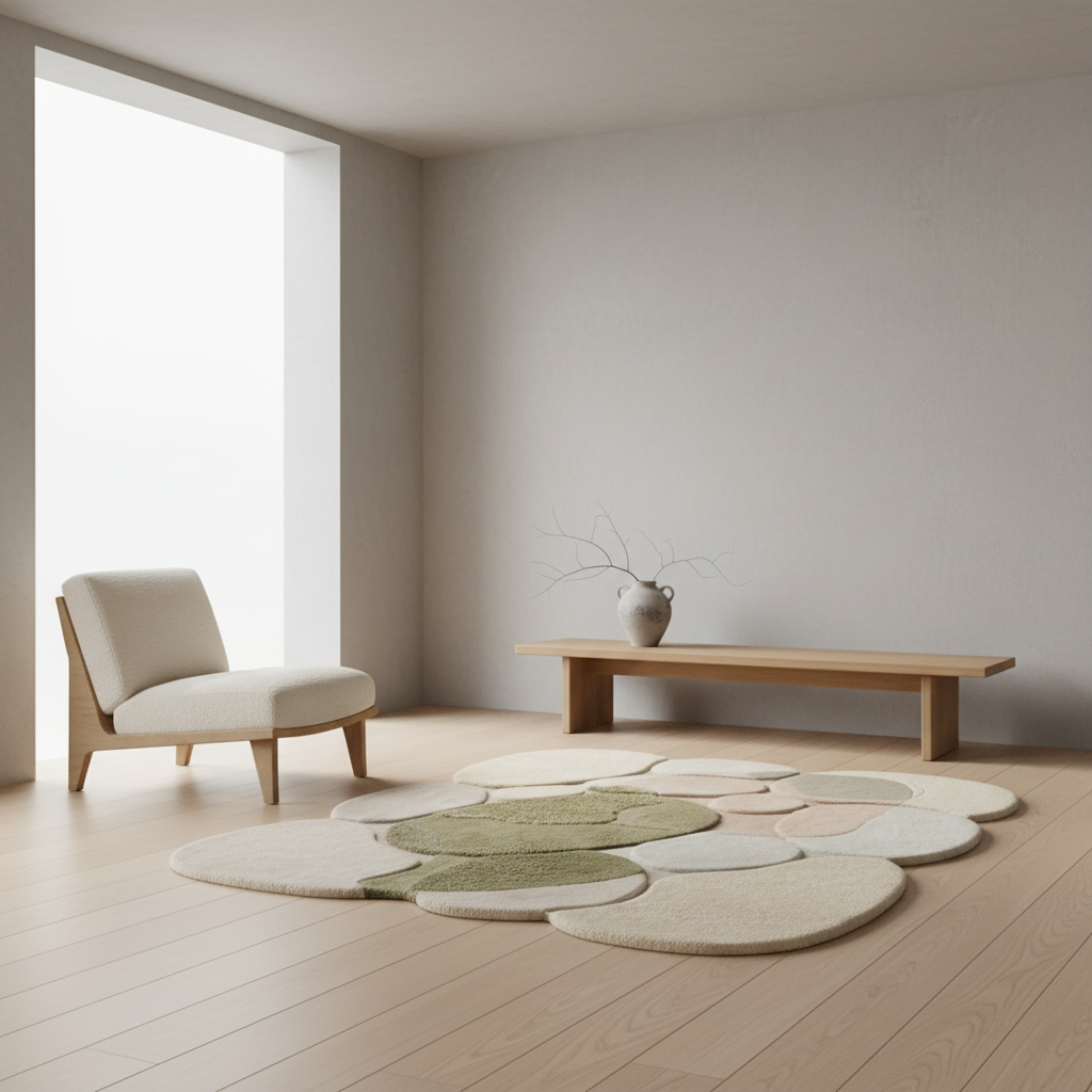 Modern living room with a minimalistic design featuring a beige armchair, wooden bench, and circular rugs.