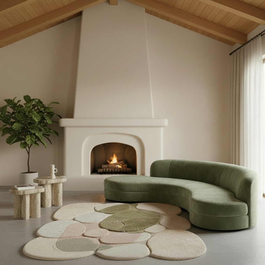 Modern living room with a curved green sofa, fireplace, and decorative pebble rug.