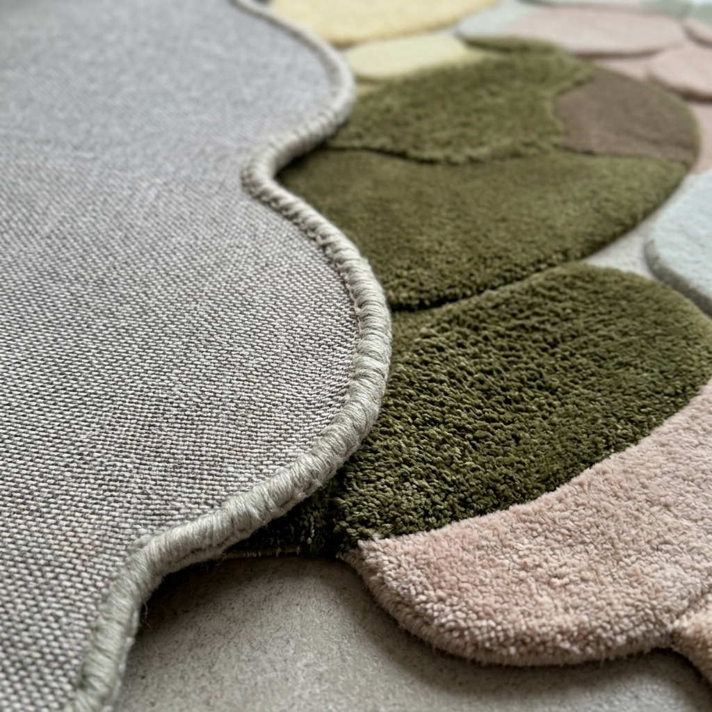 Close-up of a textured rug with various colors