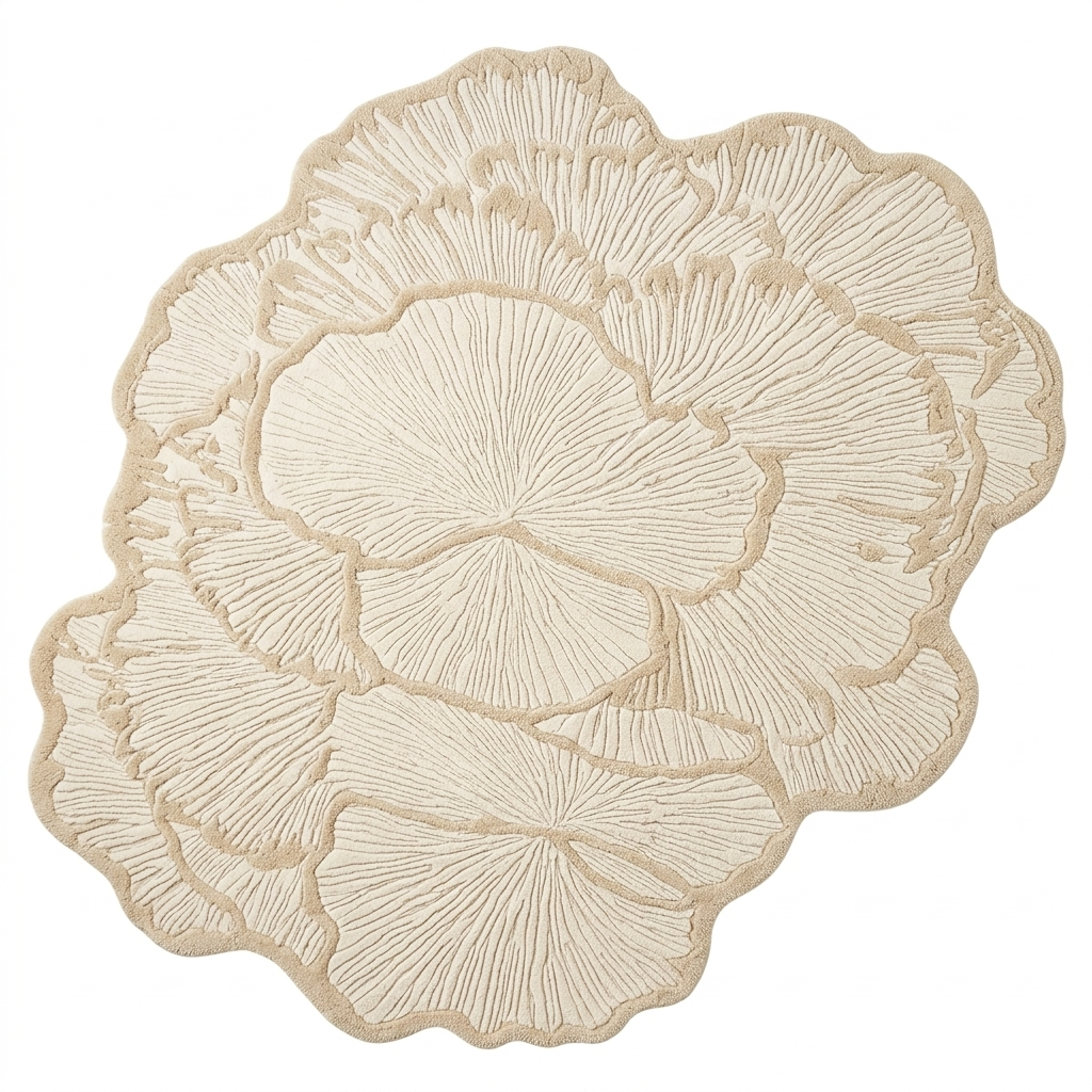Round beige rug with textured pattern on a white background