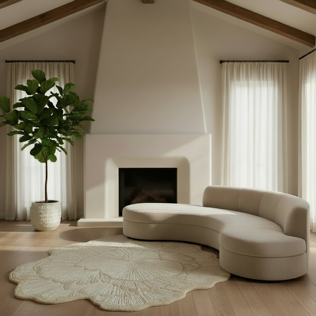 Modern living room with a curved beige sofa, fireplace, floral design shaped rug, and large windows.