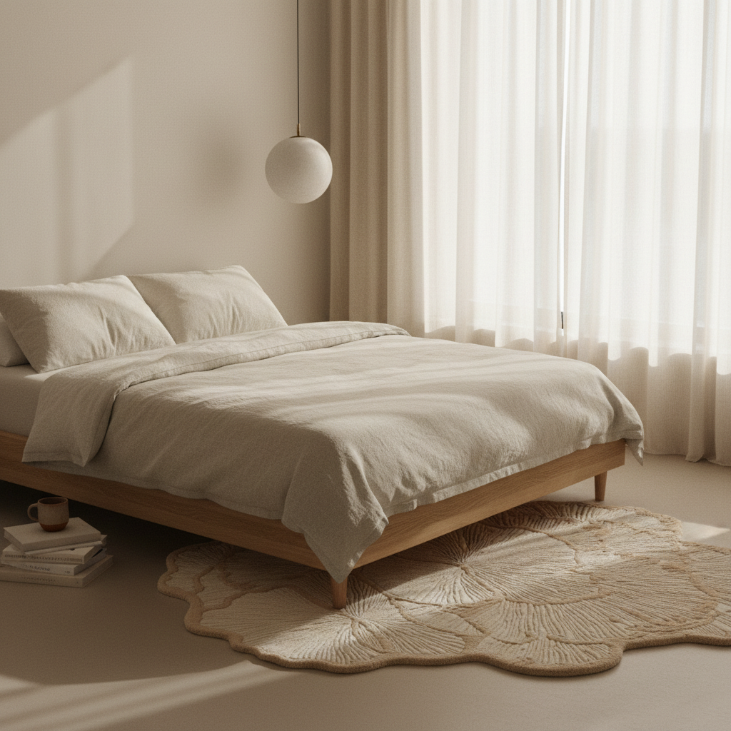Neatly made bed with beige bedding in a softly lit room and organic modern carving wool rug in beige sandy tone