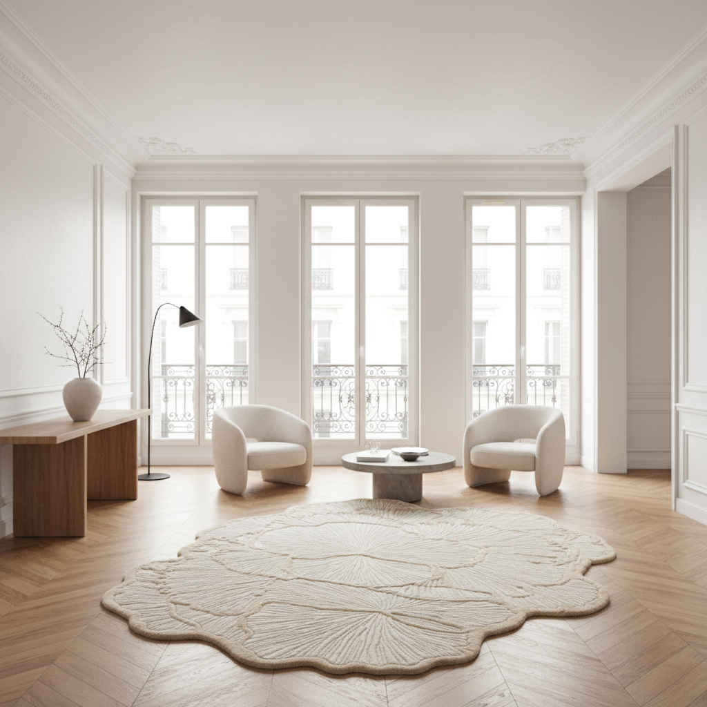 Modern living room with white chairs, a round floral carving rug, and large windows.