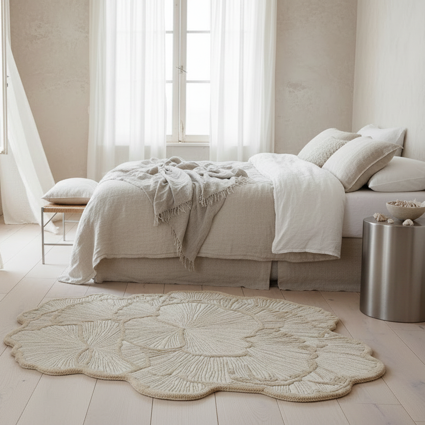 Neatly made bed in a bright bedroom with a decorative floral wool rug on the floor.