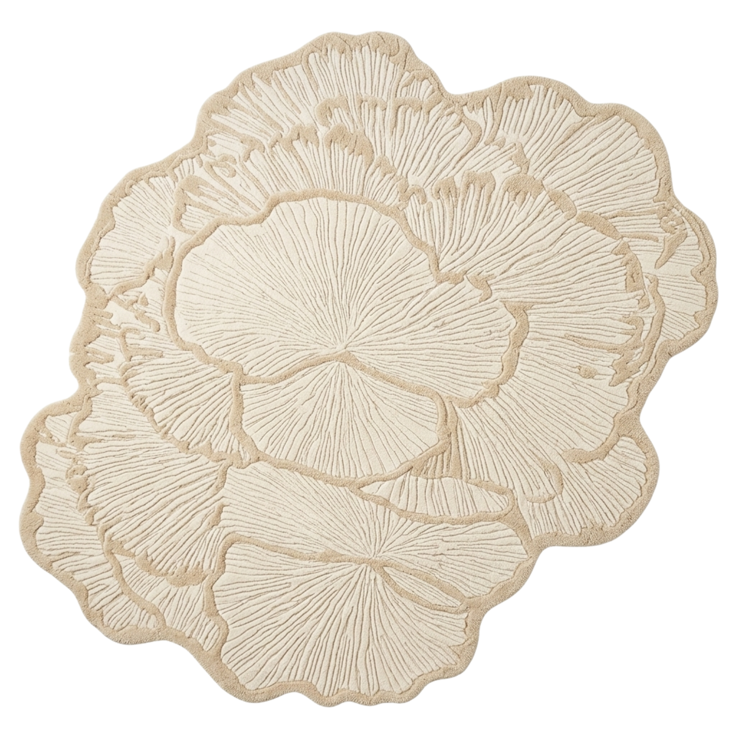 Beige textured flower shape round rug on a white background