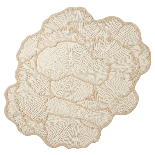 Beige textured flower shape round rug on a white background