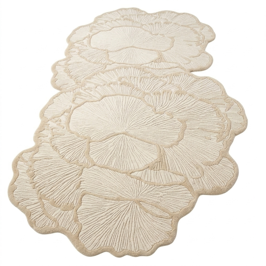 Set of three beige floral-patterned rug on a white background