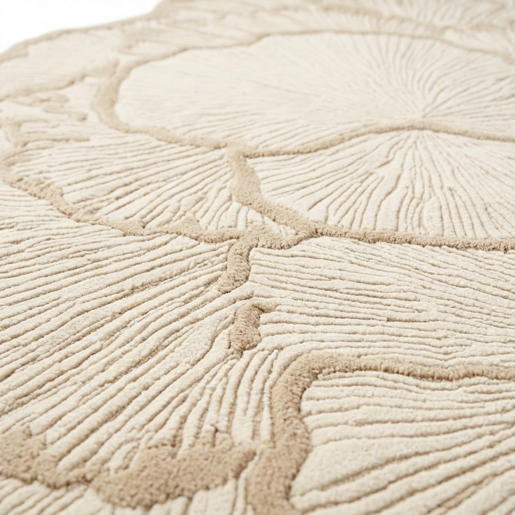 Close-up of a textured beige rug with circular patterns