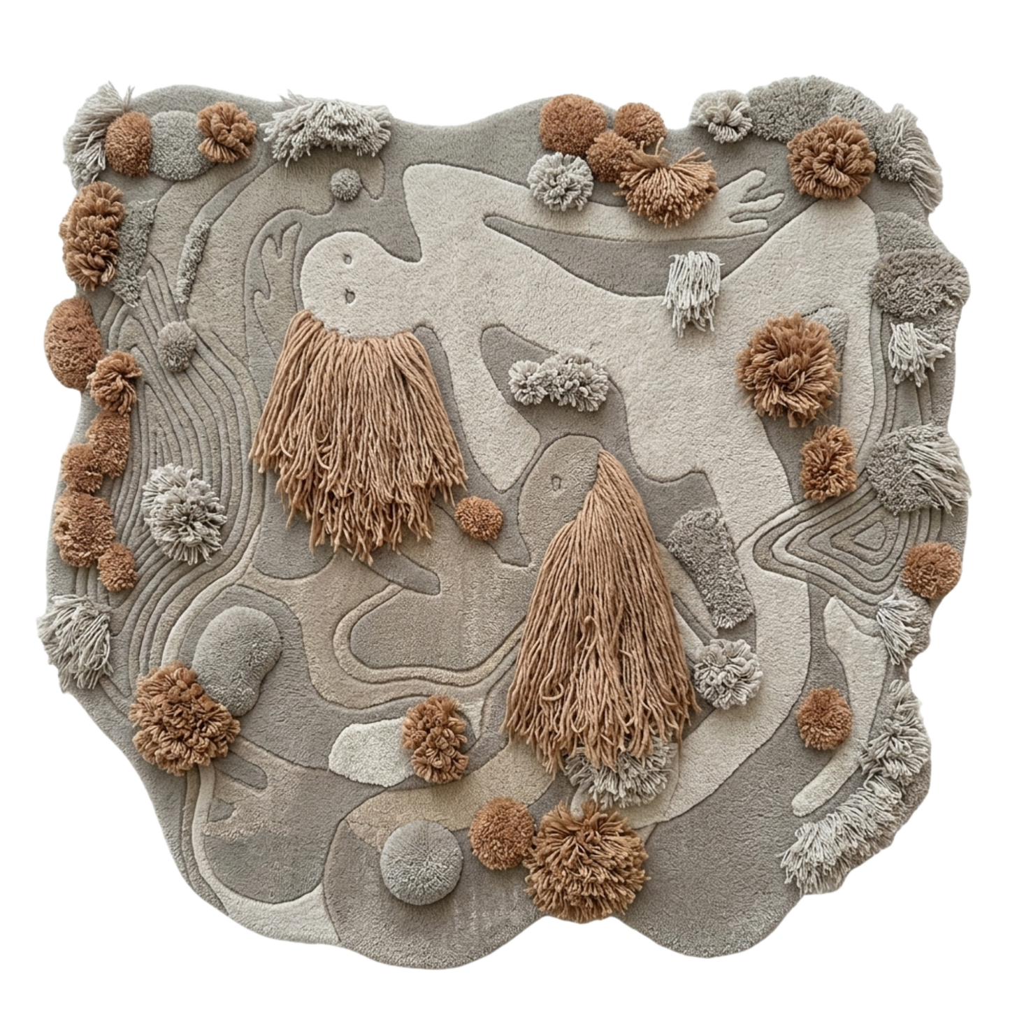 Textured rug with abstract patterns and pom-pom accents on a white background