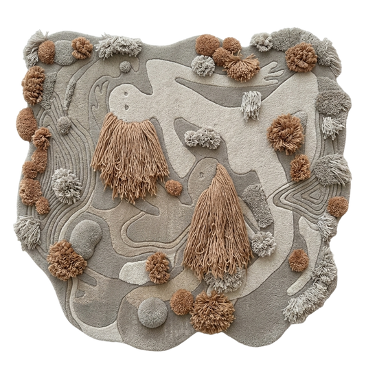 Textured rug with abstract patterns and pom-pom accents on a white background