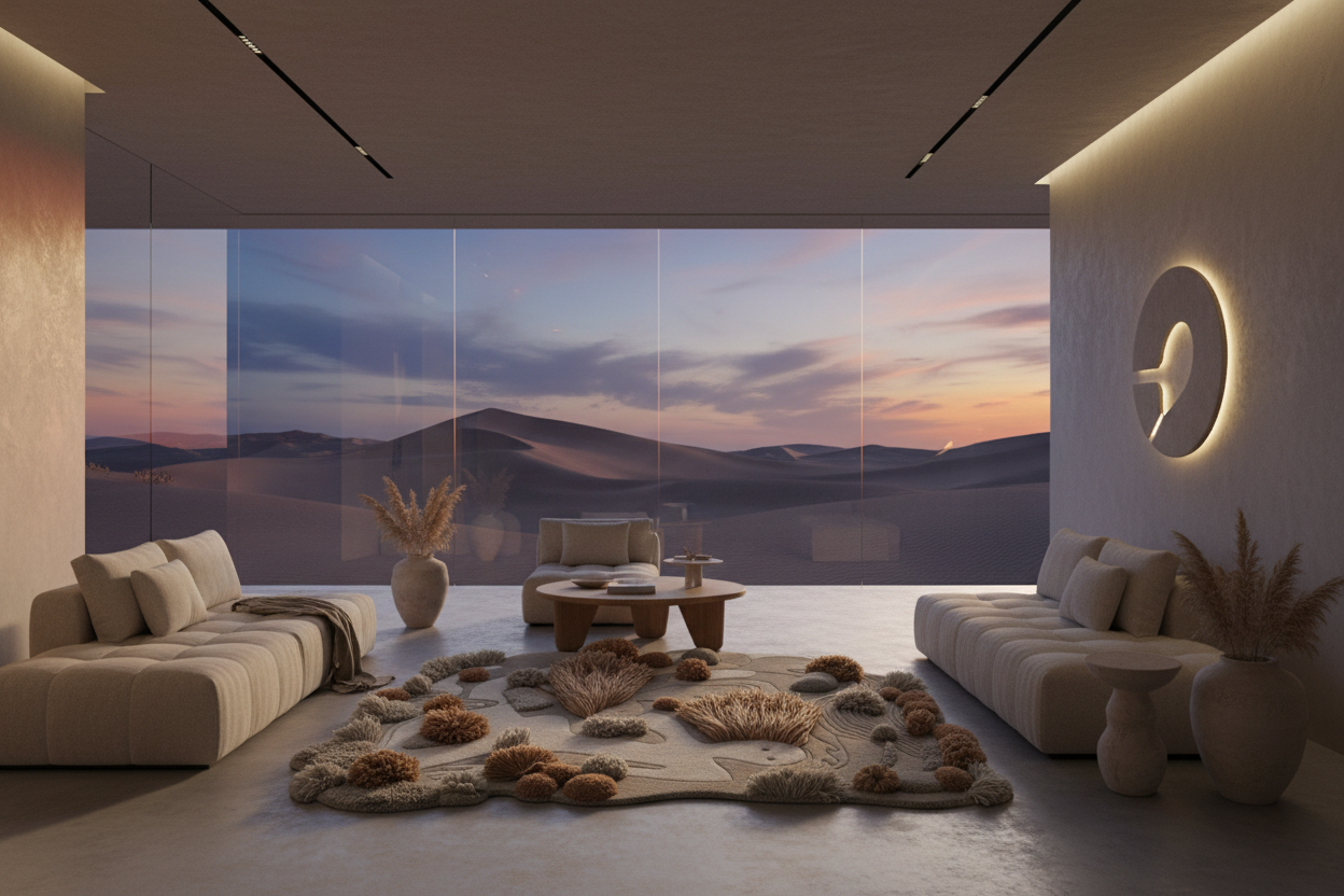 Modern living room with an organic modern rug, large window view of mountains at sunset.