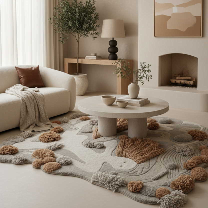 Modern living room with neutral tones, a round coffee table, modern organic rug, and decorative elements.