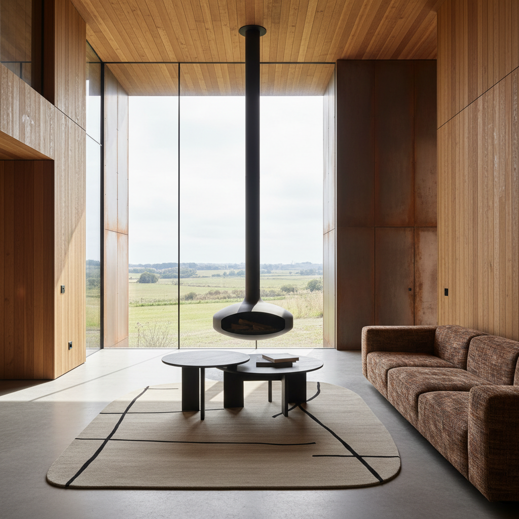Modern living room with wooden walls, large windows, abstract rug, and a hanging fireplace.