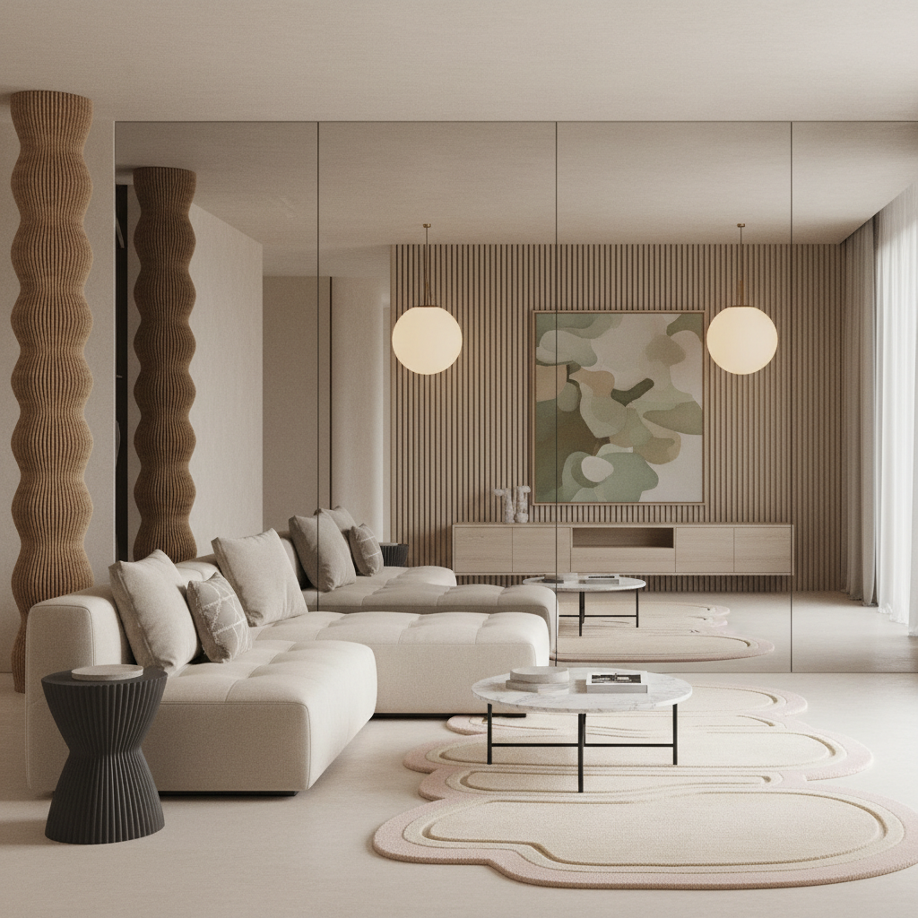 Modern living room with neutral color palette, white sofa, and abstract organic rug.