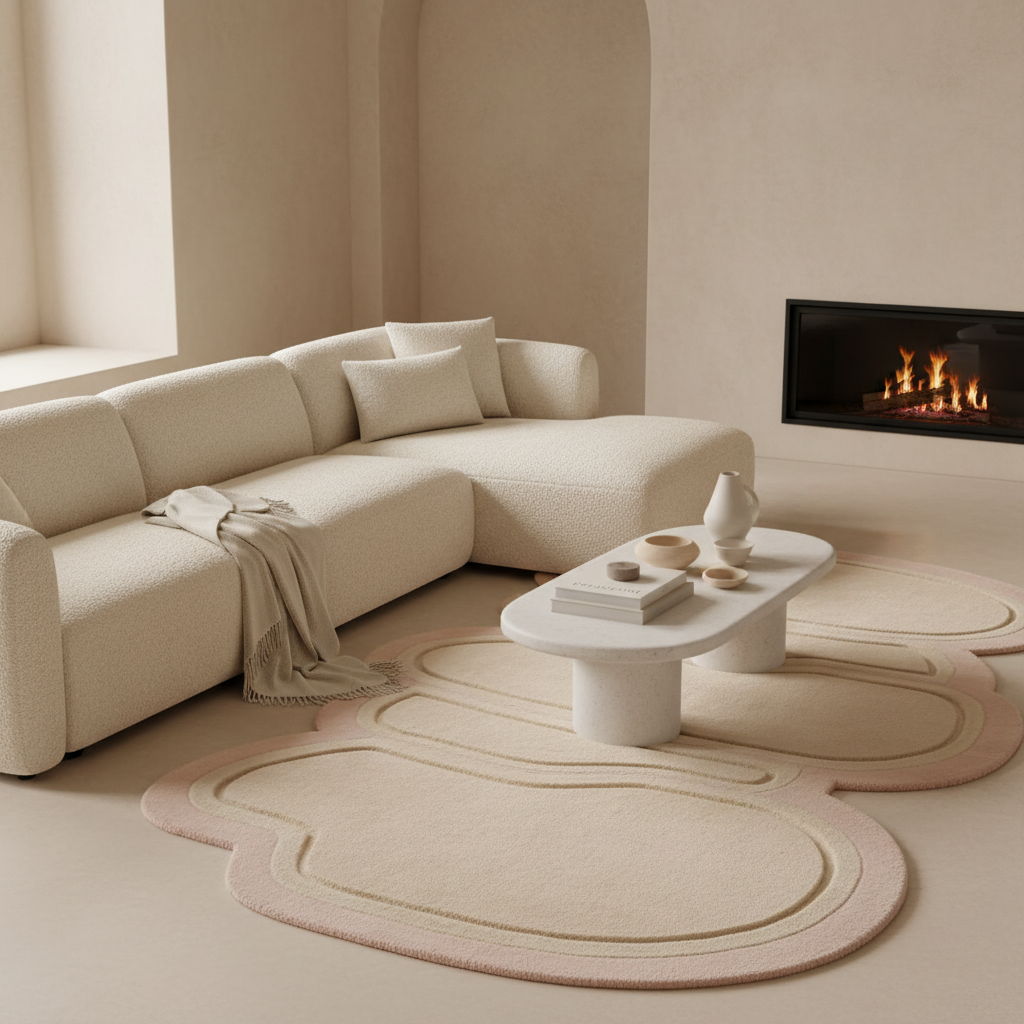 Modern living room with beige sectional sofa, pebble shaped rug coffee table, and fireplace.